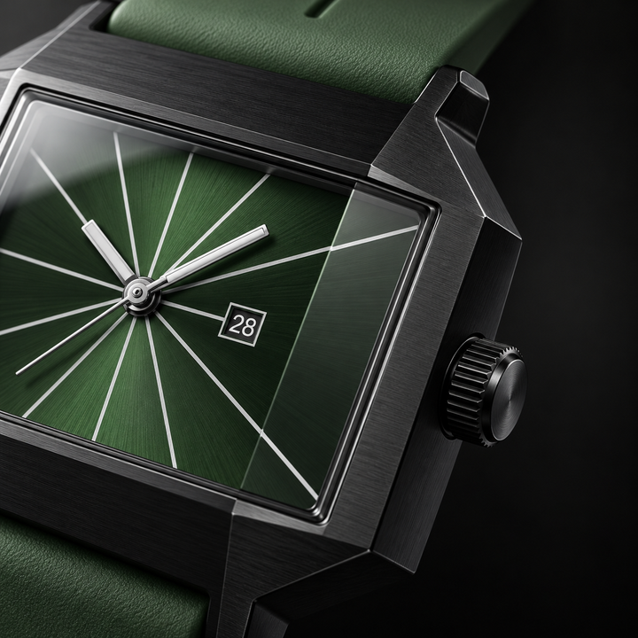 Macro detail of the Bauhaus Modern 39mm Forest Green dial, brushed case and crown